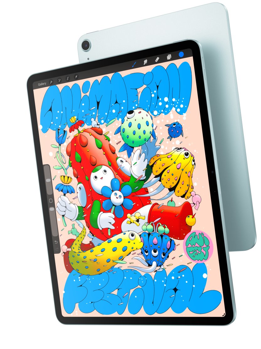 Front exterior, iPad Air showcasing the 13-inch model displaying Procreate and overlapping the back exterior of a blue iPad Air