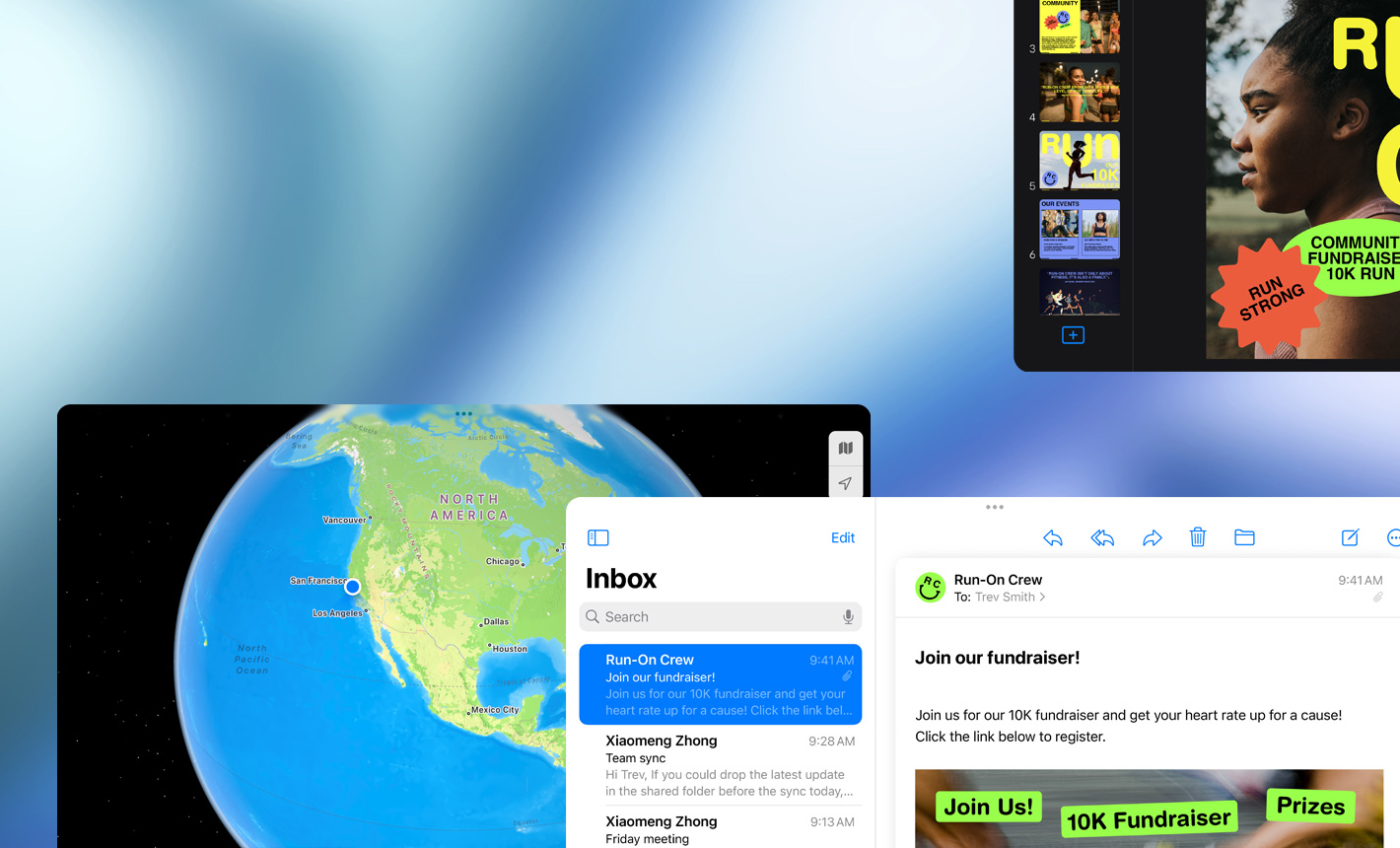 Više zaslona s prikazom različitih pokrenutih aplikacija, pejzažna orijentacija