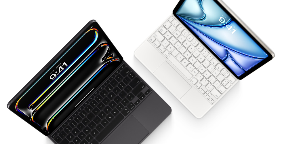 Вид зверху на iPad Pro з прикріпленою клавіатурою Magic Keyboard для iPad Pro чорного кольору й iPad Air із прикріпленою клавіатурою Magic Keyboard білого кольору.