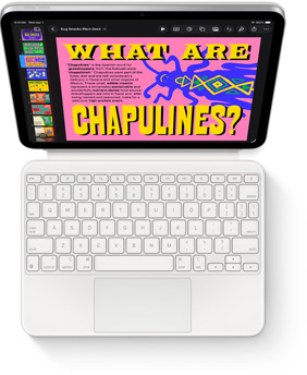 Vista de cima do iPad com Magic Keyboard Folio branca.
