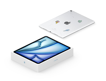 iPad mini in silver, back view with stickers, displayed floating above its box, the box has a photo of the iPad front view with a blue abstract design on screen