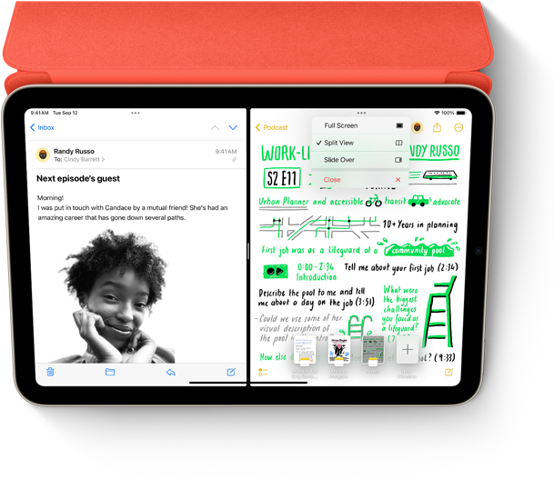 iPad mini Split View ehk kahe rakenduse vaade (e-post ja käsikirjas tehtud märkmed), Smart Folio ja Appel Pencil