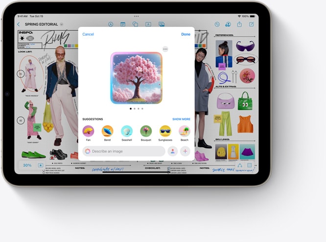 iPad mini’de, yeni bir Apple Intelligence özelliği olan Image Playground’un Freeform ile birlikte kullanıldığı gösteriliyor.