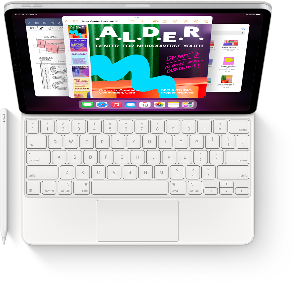 Draufsicht auf das iPad Pro mit Magic Keyboard und Apple Pencil, auf dem Stage Manager mit mehreren geöffneten Apps angezeigt wird.