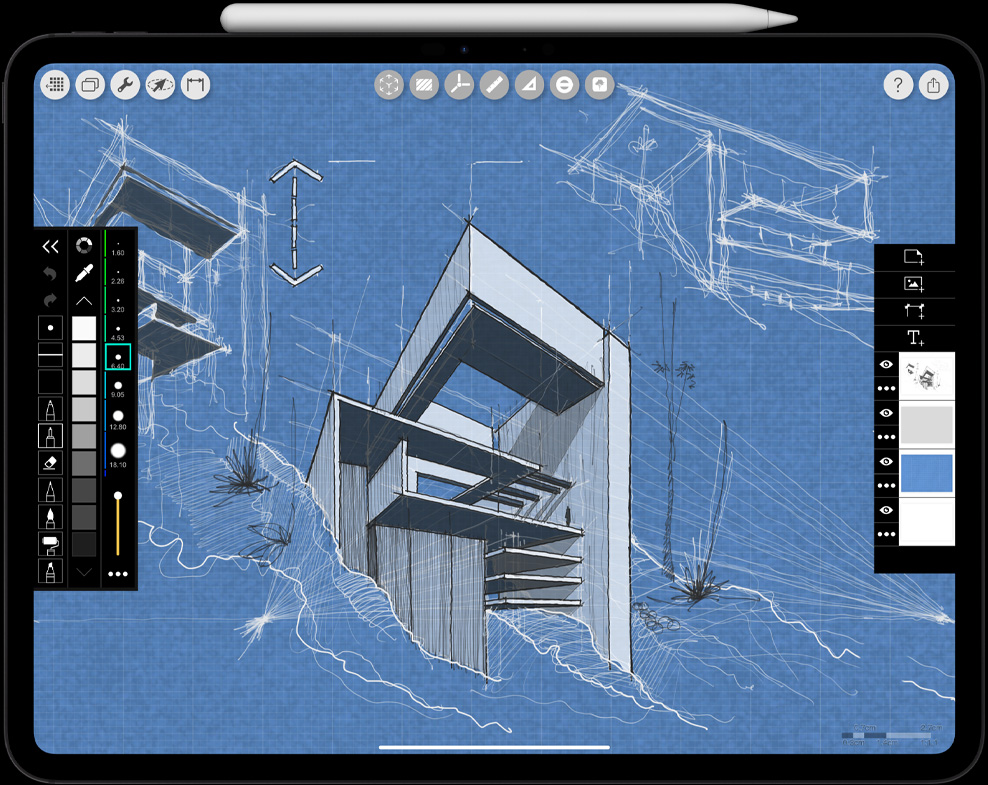 Orientation paysage, Apple Pencil Pro fixé à un iPad Pro, dessin architectural affiché à l’écran