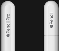 Apple Pencil Pro, gerundeter und gravierter Apple Pencil Pro, Apple Pencil USB‑C, Apple Pencil mit gravierter Kappe am Ende.