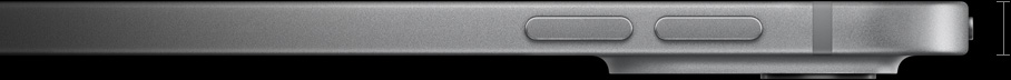 Vista lateral del iPad Pro de 13 pulgadas que muestra el grosor de 0,51 cm, los botones de subir y bajar el volumen, las esquinas redondeadas, los bordes rectos y el sistema de cámaras Pro elevado.