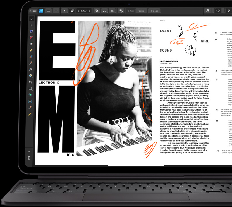 Vaakasuunnassa olevaan iPad Prohon on liitetty Magic Keyboard, näkyvillä on artikkeli, jota muokataan