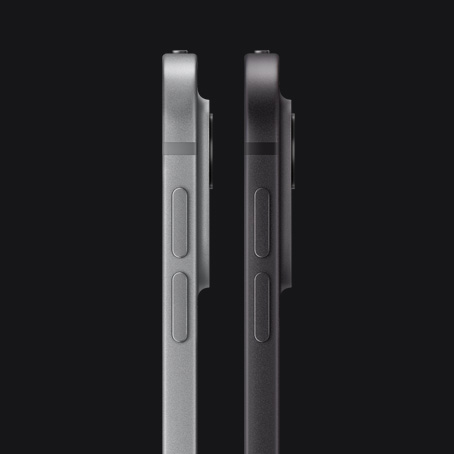 Two models, side exterior, iPad Pro, volume-up button, volume-down button, rounded corners, straight edges, raised Pro Camera System