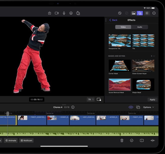 dispunere orizontală, iPad Pro, utilizator editând un videoclip cu o persoană dansând