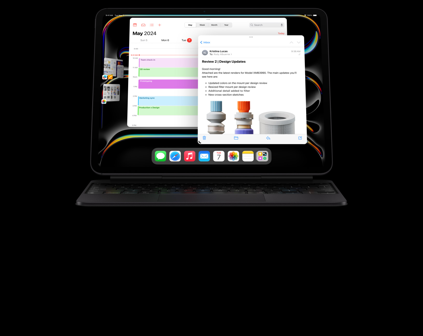 iPad Pro atașat la Magic Keyboard în dispunere orizontală, utilizatorul face multitasking în multiple aplicații deschise