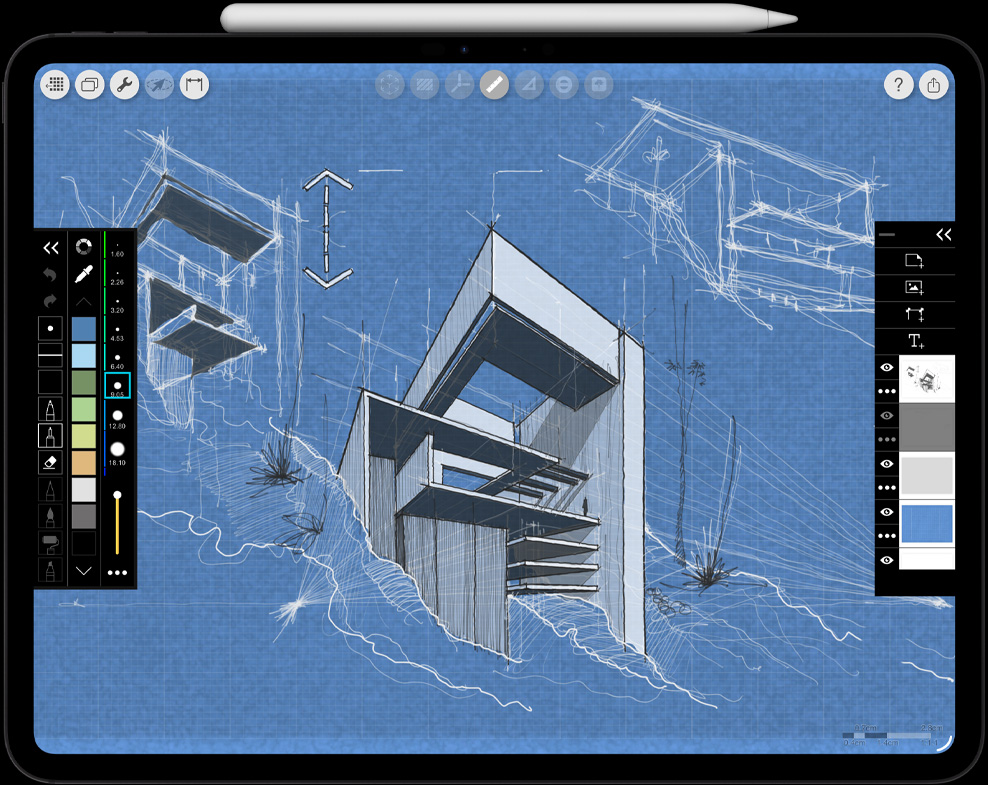 iPad Pro, parte delantera exterior, posición horizontal, color negro espacial, Apple Pencil Pro apoyado sobre el borde superior del iPad Pro, lateral exterior, posición horizontal, color blanco, la pantalla muestra un dibujo arquitectónico con herramientas y efectos abiertos en los menús izquierdo y derecho