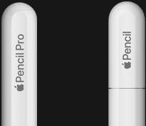 Apple Pencil Pro, lateral exterior, color blanco, extremo redondeado con el grabado «Apple Pencil Pro», Apple Pencil (USB‑C), lateral exterior, color blanco, extremo redondeado con el grabado «Apple Pencil»