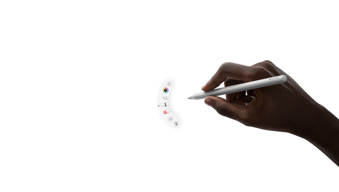 iPad Pro, parte delantera exterior, posición horizontal, animación de una mano que sujeta un Apple Pencil Pro y hace el gesto de apretar para abrir la paleta de herramientas debajo de la punta
