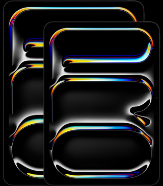 iPad Pro de 13 pulgadas, iPad Pro de 11 pulgadas, posición vertical, parte delantera exterior, color negro espacial, esquinas redondeadas , bisel de pantalla negro, las pantallas muestran la palabra «PRO» en posición vertical y estilo abstracto y multicolor