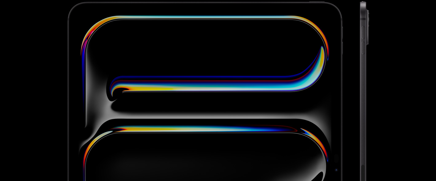 iPad Pro, parte delantera exterior, posición vertical, color negro espacial, esquinas redondeadas, bisel de pantalla negro, la pantalla muestra un dibujo multicolor de líneas curvas, a la derecha, iPad Pro, lateral exterior, posición vertical, diseño ultrafino, botones para subir y bajar el volumen y el sistema de cámara pro elevado