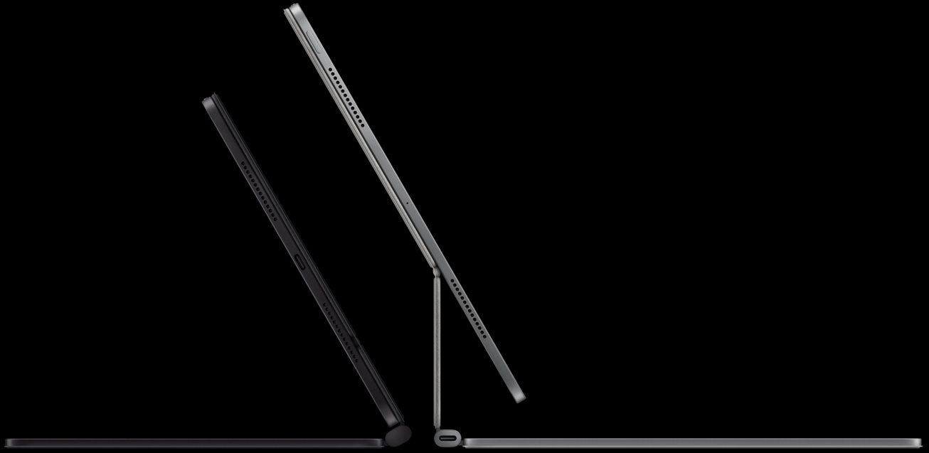 Dos iPad Pro acoplados al Magic Keyboard, izquierda: iPad Pro, lateral exterior, color negro espacial, micrófonos, acoplado al Magic Keyboard, lateral exterior, color negro espacial, diseño ultrafino, iPad Pro inclinado a 45º, derecha: iPad Pro, lateral exterior, color plata, micrófonos, acoplado al Magic Keyboard, lateral exterior, color plata, iPad Pro inclinado a 45º, muestra el diseño con apoyo flotante del teclado y el conector USB‑C