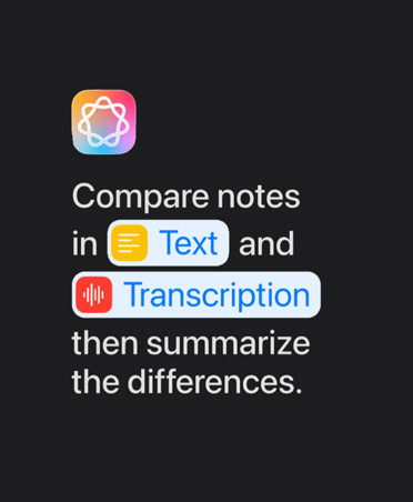 Ikona Apple Intelligence i tekst: „Porównaj notatki w Tekst i Transkrypcja, a następnie podsumuj różnice”