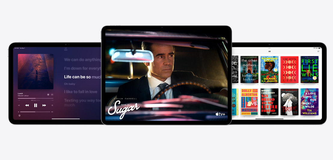 Two iPad Airs and one iPad showcasing the Apple Music, Apple TV+, and Apple Books apps.