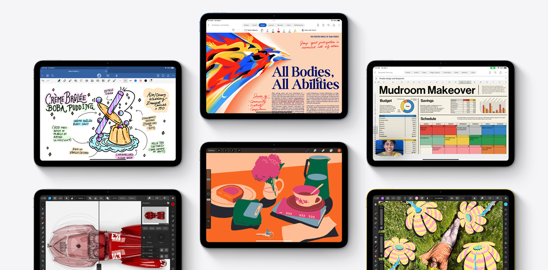 Une collection de six iPad différents mettant en avant diverses apps, dont Goodnotes 6, Affinity Designer 2, Microsoft Word, Procreate, Microsoft Excel, WebEx et Affinity Photo 2.