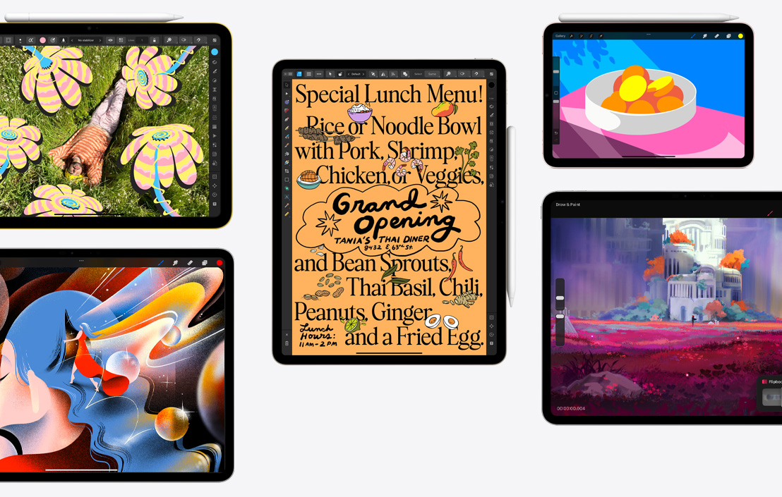 Conjunto de cinco modelos de iPad com diferentes apps: Affinity Photo 2, Procreate, Affinity Designer 2 e Procreate Dreams.