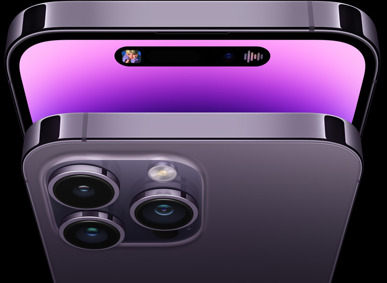 Vista agrupada frontal e traseira do iPhone 14 Pro roxo escuro