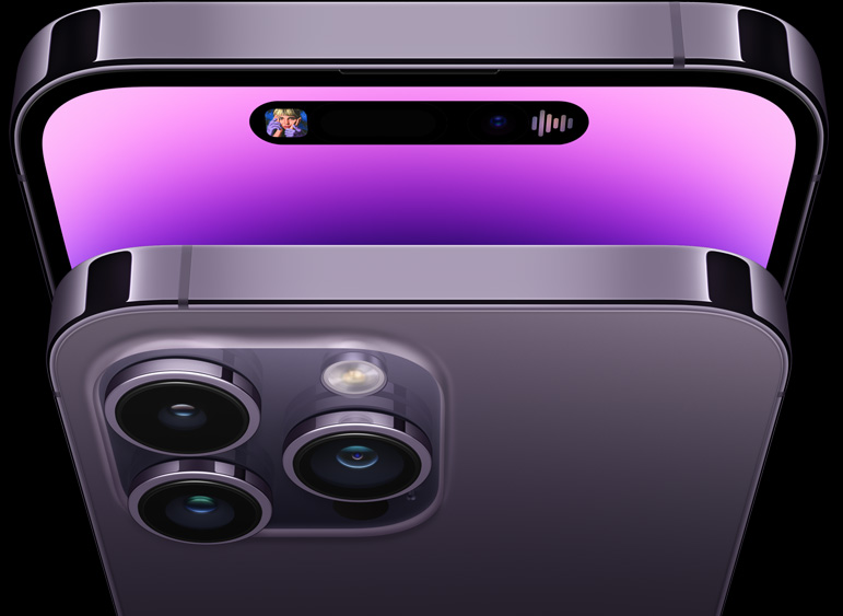 Stacked front and back view of iPhone 14 Pro in deep purple