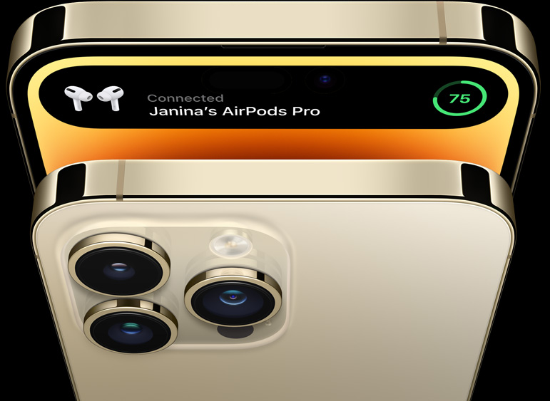 Dwa iPhone’y 14 Pro w kolorze złotym przylegające do siebie, jeden przodem, drugi tyłem