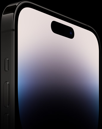 Ceramic Shield 전면을 보여주는 iPhone 14 Pro의 측면 모습.