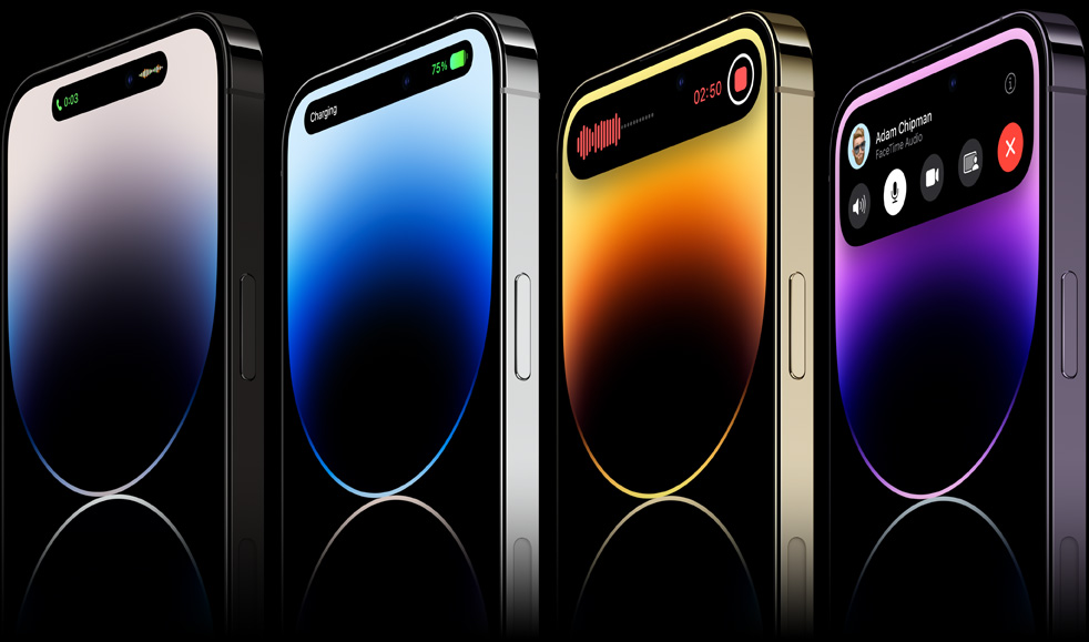 Four iPhone 14 Pro models display four states of Dynamic Island, each utilizing a different app.