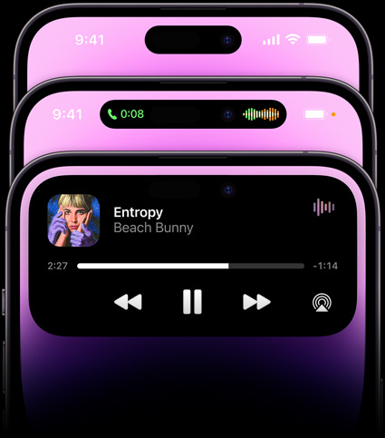 三部紫色 iPhone 14 Pro 疊放，展示動態島的三種不同狀態。
