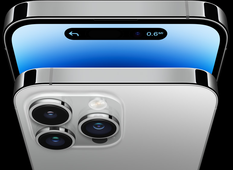 Übereinander angeordnete Vorder‑ und Rückseite des iPhone 14 Pro in Silber