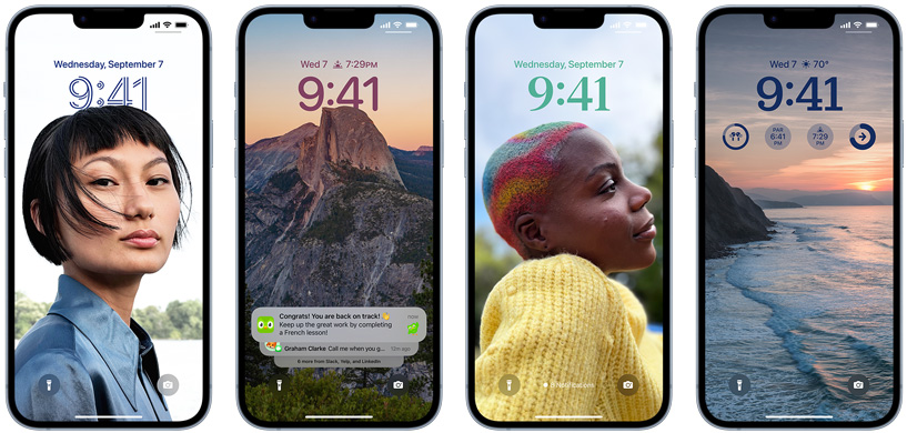 The fronts of four iPhone 14 models featuring personalized Lock Screens with photos, custom fonts, widgets, and messages visible.