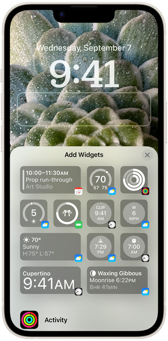 A screen displays the Add Widgets customization pop-up, demonstrating how easy it is to add the widgets you want to your Lock Screen.