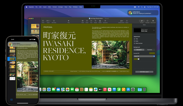 The same Keynote file being opened on a Macbook Pro and iPhone 15 Pro