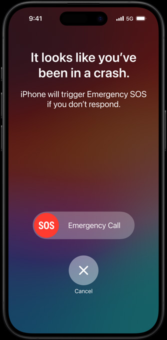 Az Ütközésészlelés funkció képernyője, amelyen az „Úgy tűnik, hogy Ön balesetet szenvedett. Ha nem válaszol, az iPhone aktiválni fogja a Vészhelyzet – SOS funkciót.” felirat látható angol nyelven