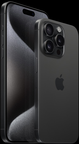 Front view of 6.7″ iPhone 15 Pro Max and back view of 6.1″ iPhone 15 Pro in Black Titanium