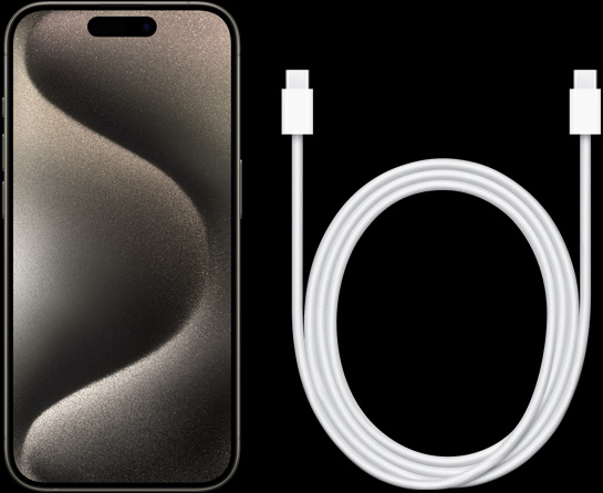 앞에서 바라본 iPhone 15 Pro와 USB-C 충전 케이블