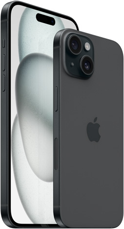 Front view of 6.7-inch iPhone 15 Plus and back view of 6.1-inch iPhone 15 in Black.