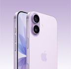ラベンダーのiPhone 17。前面の外観と斜め後ろから見た外観、上部にある凸部にFusionカメラシステムがあり、カメラコントロールボタンが見える。前面と側面の外観、オールスクリーンのデザイン、アクションボタン、音量調節ボタン、サイドボタン
