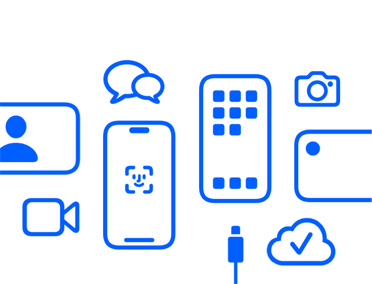 Apple製デバイスと機能、iCloud、Face IDを搭載したiPhoneと充電ケーブル、カメラ、メッセージ、メッセージアプリが描かれている