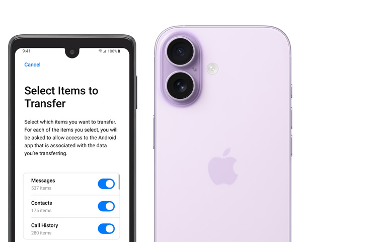 Side-by-side, Android screen showing Move to iOS App, iPhone 17, back exterior, Advanced dual-camera system in top left corner