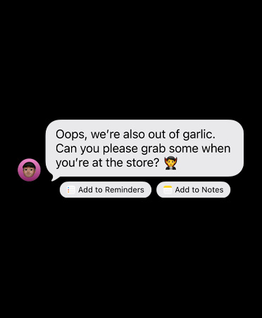 一則收到的 iMessage，下方有兩個建議動作按鈕，文字顯示：「Add to Reminders」和「Add to Notes」