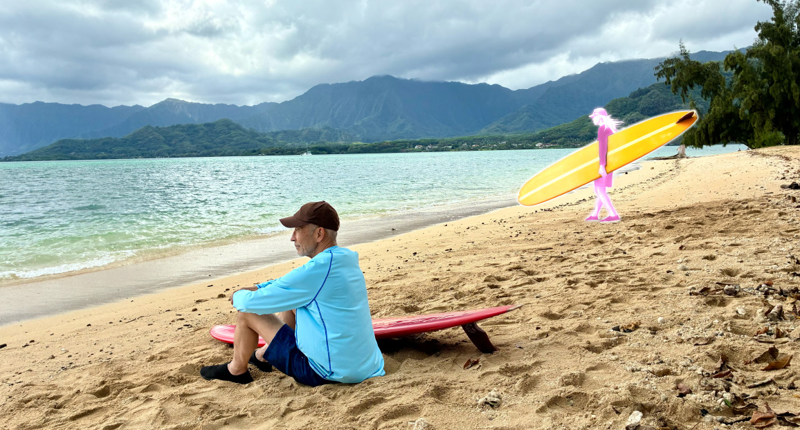 Photo of a man sitting on a beach, Clean Up tool in use, highlighting a person to be removed from the background of the photo