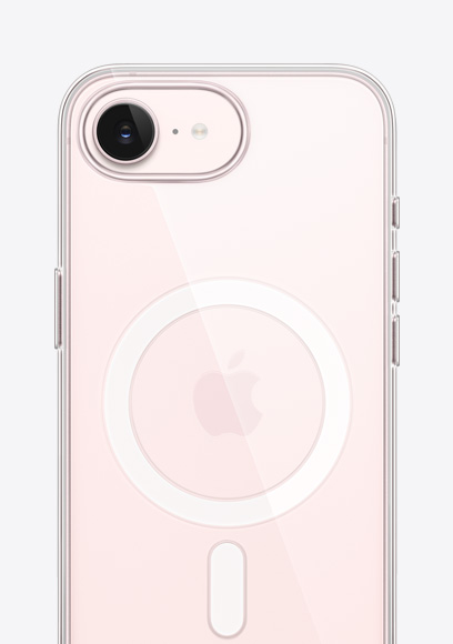 Halvány rózsaszín iPhone 17e hátulnézetből, átlátszó MagSafe-rögzítésű tokkal, Fusion kamerával felül, középen az Apple-logóval