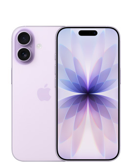 Levendulaszínű iPhone 17 hátulnézetből, balra felül a Dual Fusion kamerarendszerrel, középen pedig az Apple logójával, a készülék elölnézetből, levendulaszínben, felül középen a Dynamic Islanddel