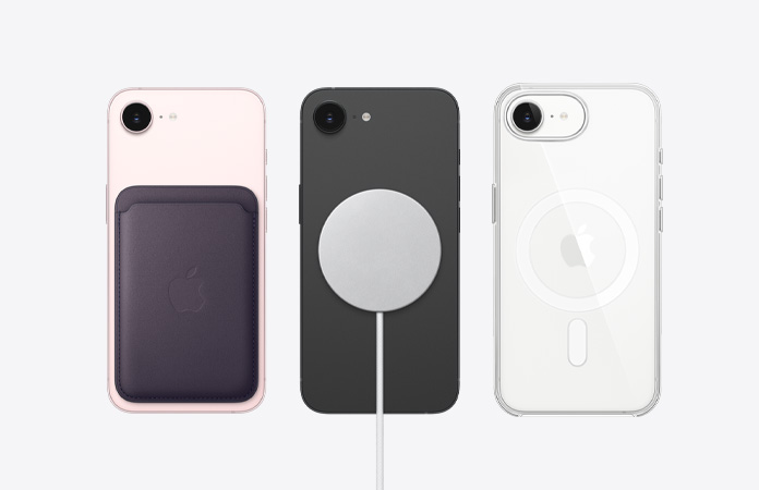 iPhone 17e hátulnézetből, MagSafe kiegészítőkkel