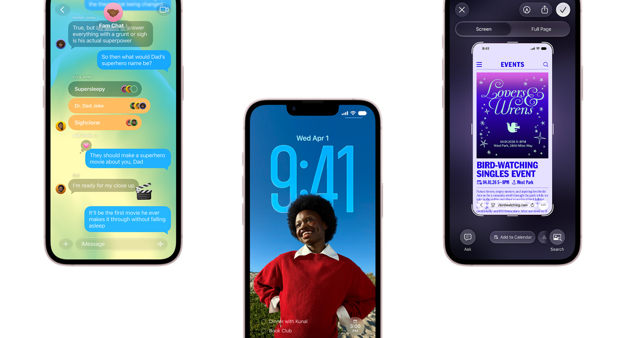 Három iPhone 17e készülék, rajtuk az Üzenetek app a Liquid Glass dizájnnal, a dinamikus zárolási képernyő, illetve a képernyőfotó funkció naptári eseménnyel való használata