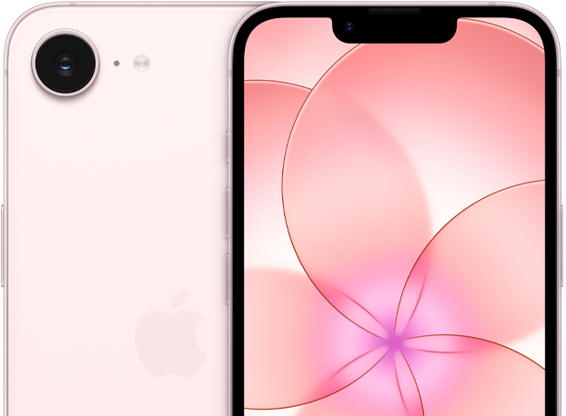 Halvány rózsaszín iPhone 17e elölnézetből, az iPhone 17e hátoldalának egy része a kamerával