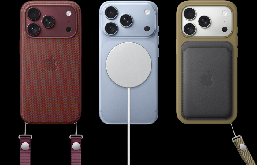 De izquierda a derecha, iPhone 18 Pro en funda de cuero burdeos con correa cruzada burdeos, iPhone 18 Pro en color glaciar en el centro con cargador MagSafe blanco incorporado, iPhone 18 Pro en color plata en funda verde, funda tipo cartera de cuero negro con correa para la muñeca.